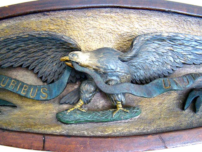 A fine 19th century carved Eagle Plaque with "E Pluribus Unum" swag circa 1875